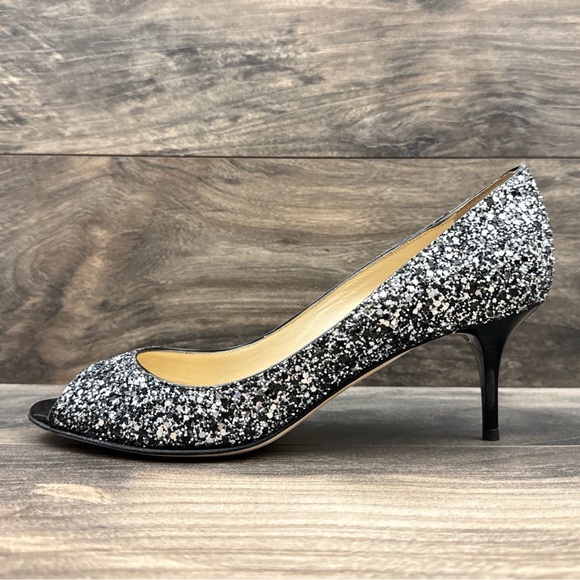 Jimmy Choo Isabel Coarse Glitter Fabric Silver/Black peep toe kitten heel EU 38 - Picture 6 of 14